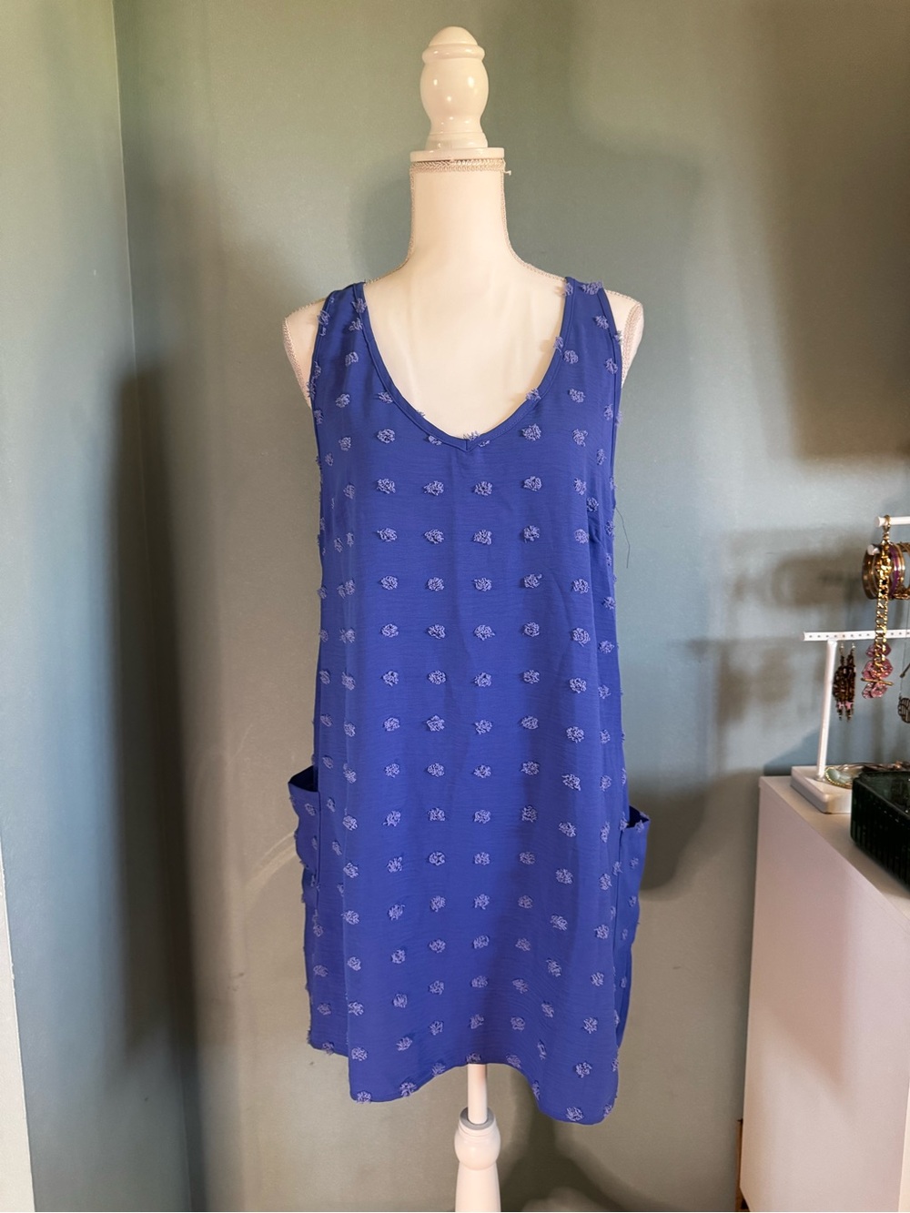 Blue Sleeveless Shift Dress with Pockets Medium Swim Cover Up